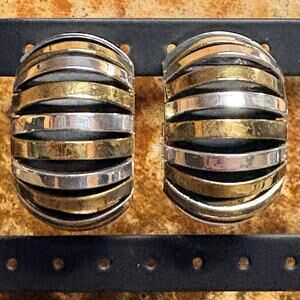 LATON Earrings Sterling Silver & Brass Two Tone Hoops Moderenist Vintage Mexico